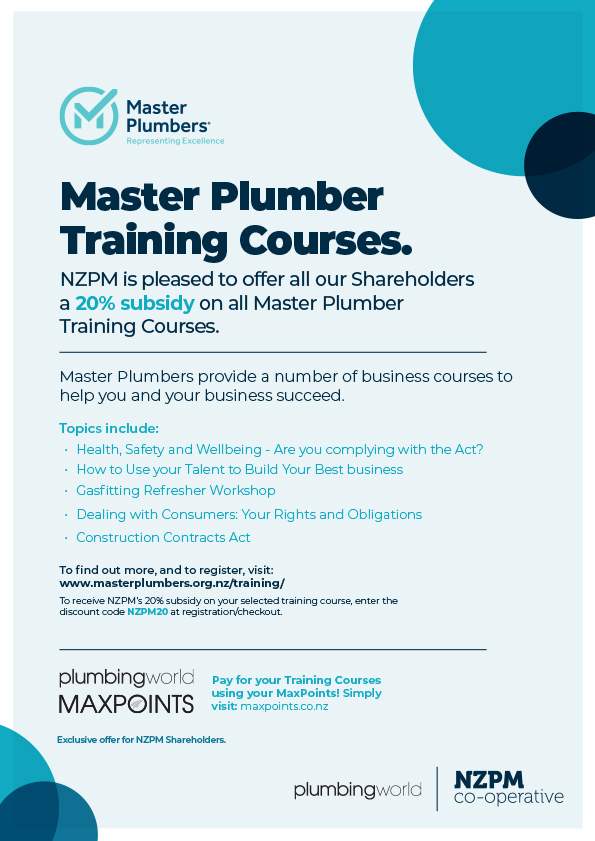 NZPM Shareholder Offer Master Plumbers Courses Feb 2020